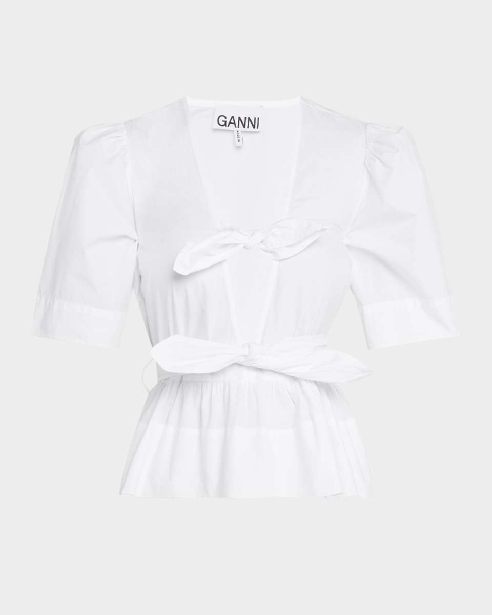 Stretch Cotton Tie-Front Blouse